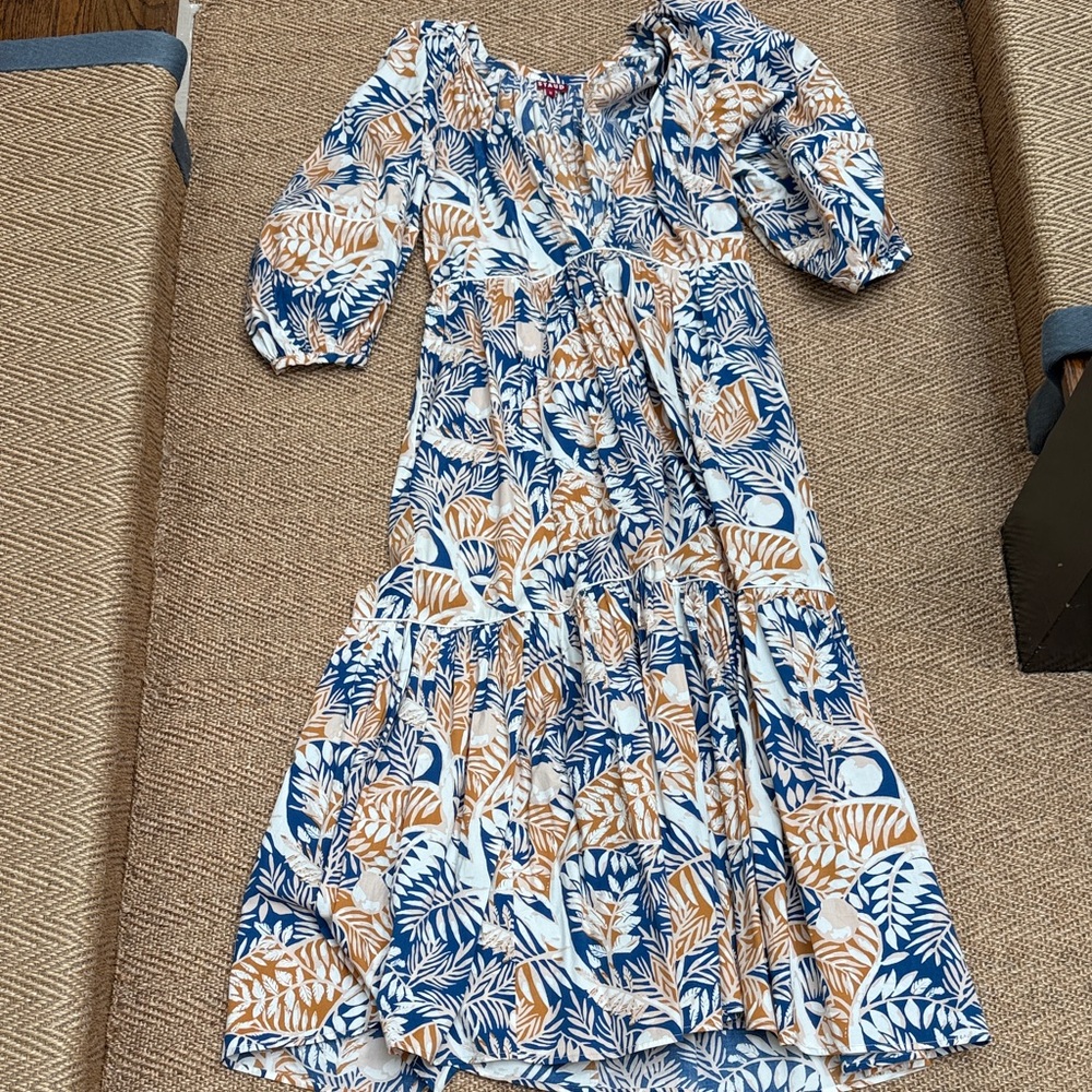 STAUD Blue, Tan & White Botanical Maxi Dress